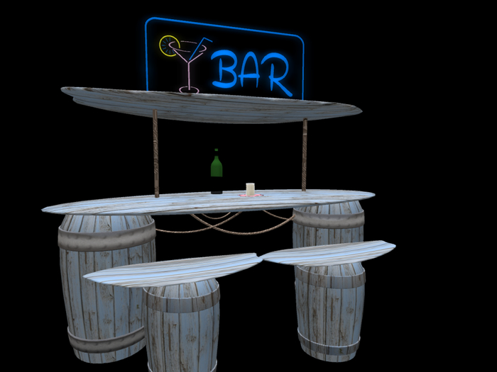Second Life Marketplace Kim's Surfboard Bar Set with Drink Giver